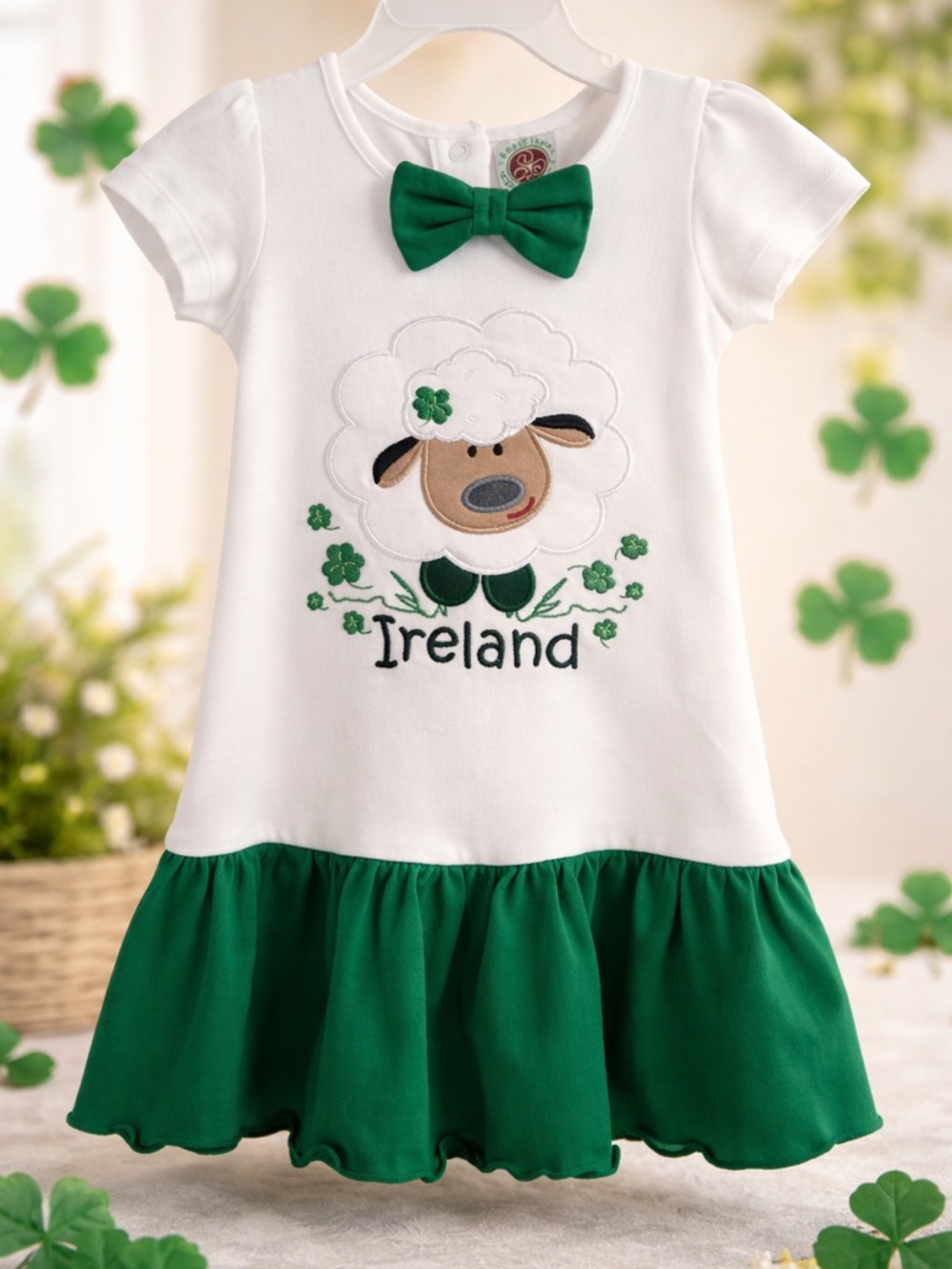 White & Green Ireland Lamb Dress with Bow